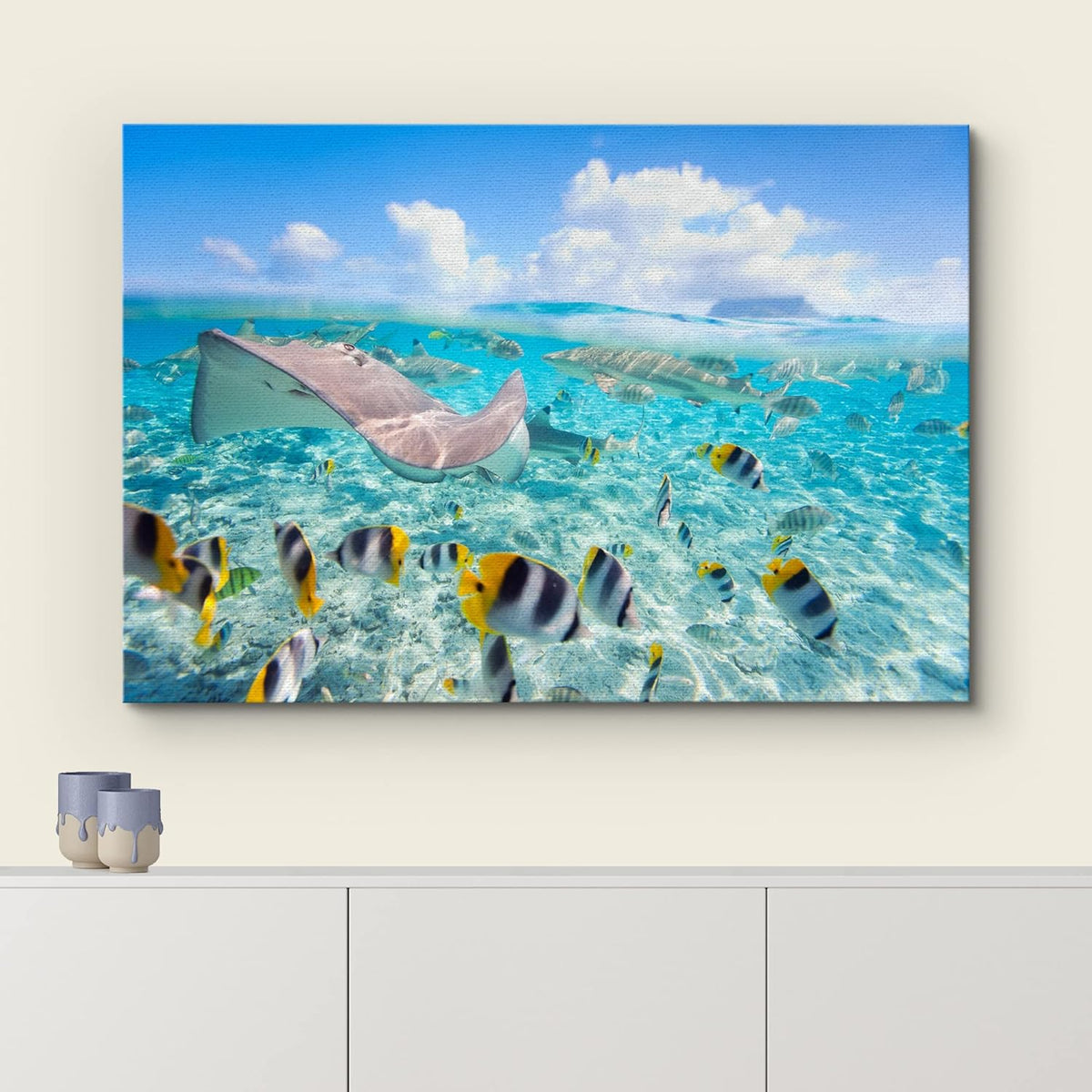 wall26 Canvas Print Wall Art Stingray & Striped Fish Under The Sea Nature Ocean Photography Realism