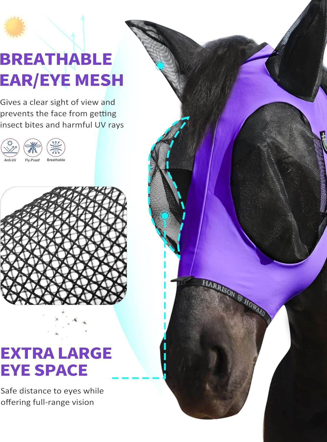 Harrison Howard Horse Fly Mask with Forelock Opening Stretch Breathable and Comfortable for Horses