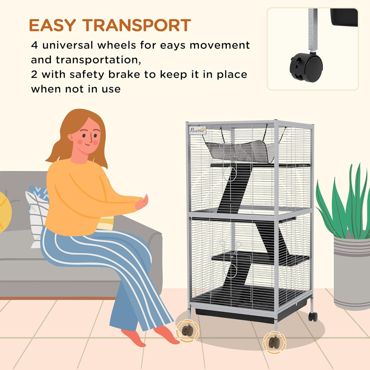 PawHut Metal Small Animal Cage, 4-Tiers Rolling Big Ferret Cage with Hammock, Removable Tray, for