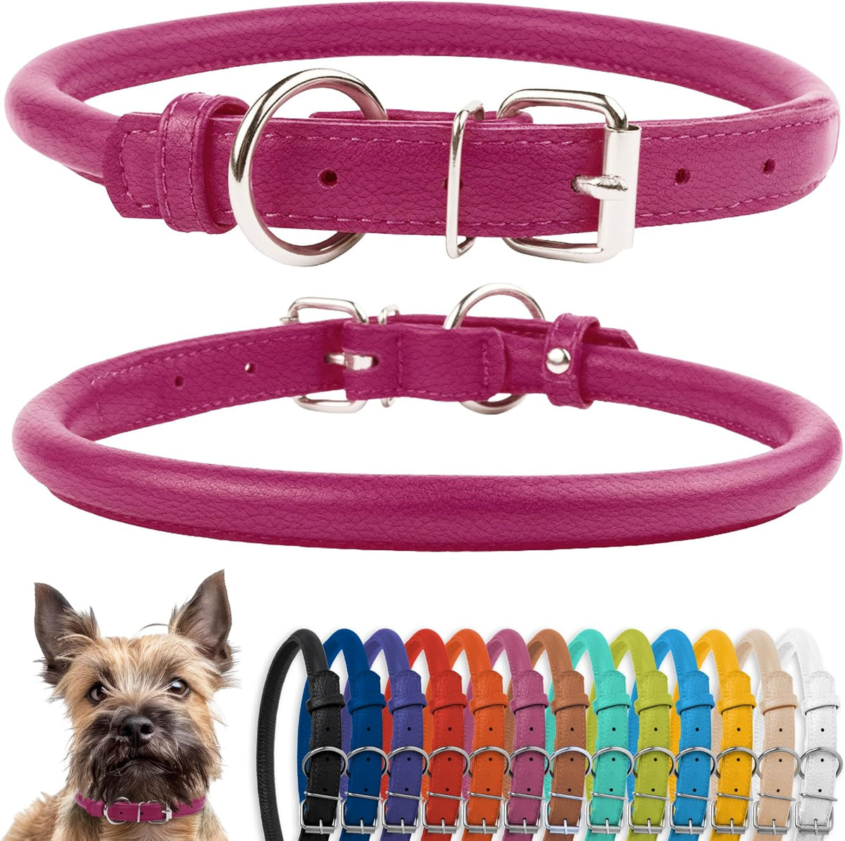 CollarDirect Rolled Leather Dog Collar, Soft Padded Round Puppy Collar, Handmade Genuine Leather