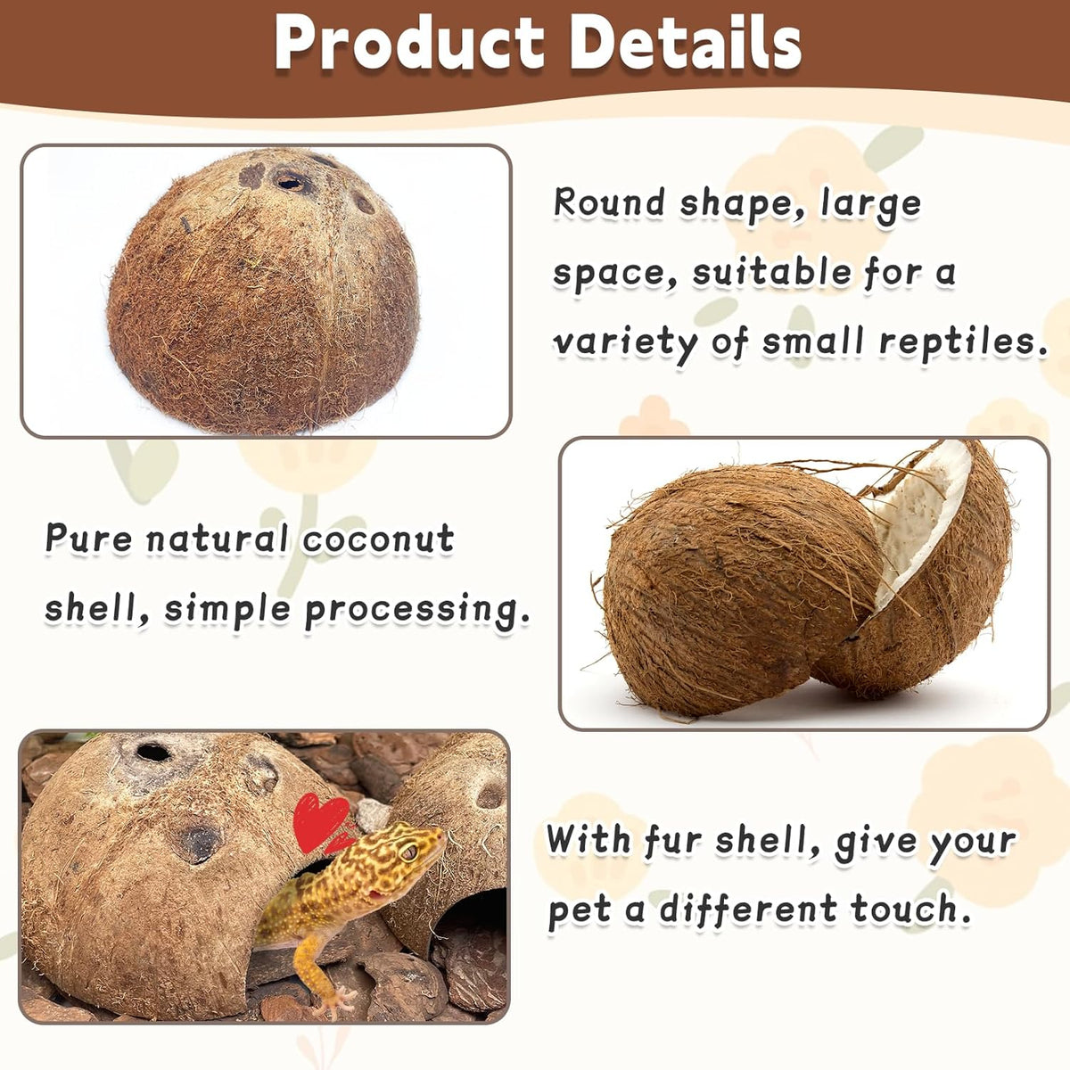 PINVNBY Natural Coconut Reptile Hideouts Lizard, Coco Hut Hermit Crab Hut Aquarium Fish Hide Cave