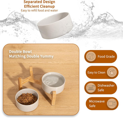 Elevated Ceramic Dog Bowl Set - Raised Dog Bowls with Non-Slip Bamboo Stand - Dog Food and Water