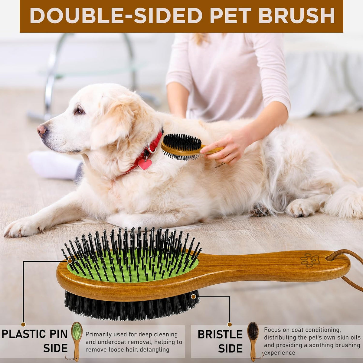 TAKAVU Pin & Bristle Pet Brush for Dogs & Cats - Double Sided Grooming Tool Detangles, Removes