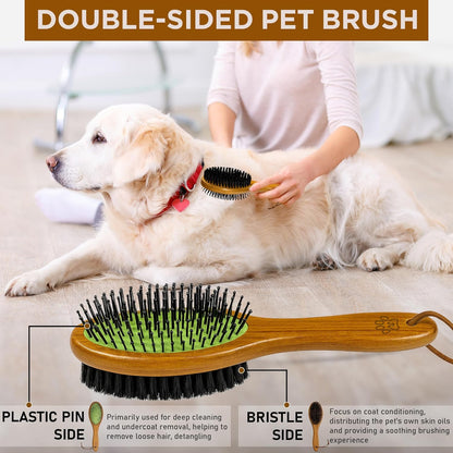 TAKAVU Pin & Bristle Pet Brush for Dogs & Cats - Double Sided Grooming Tool Detangles, Removes