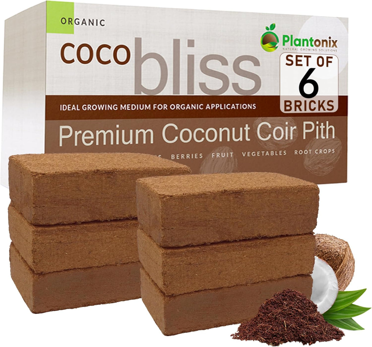 Coco Bliss 650gm Bricks (6-Pack) - Organic Coco Coir for Plants - OMRI-Listed Coco Coir for Garden