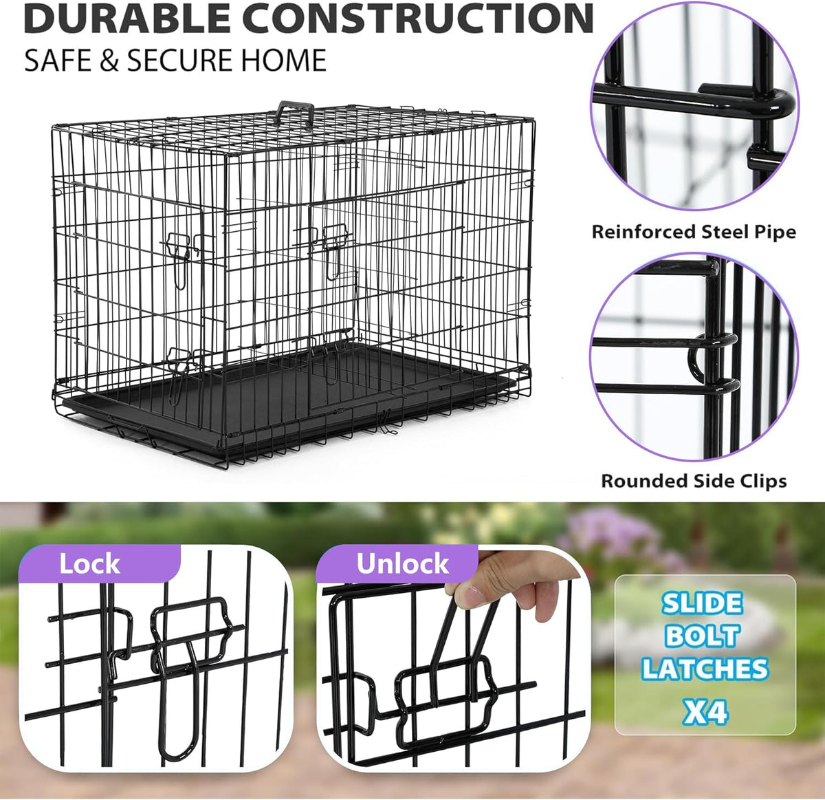 BestPet | Dog Crate | 30" | Black | Foldable Metal Kennel with Double Doors, Secure Slide-Bolt