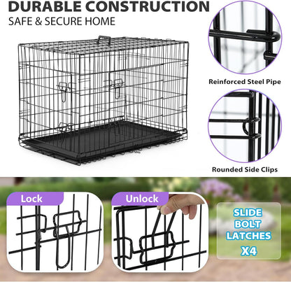 BestPet | Dog Crate | 30" | Black | Foldable Metal Kennel with Double Doors, Secure Slide-Bolt