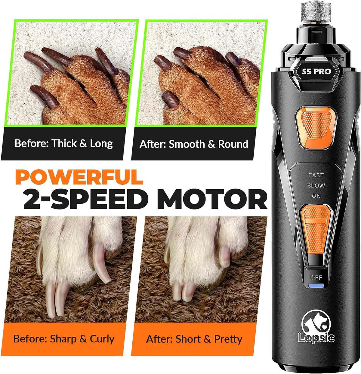 Dog Nail Grinder with 2 LED Lights Powerful 2 Speeds Super Quiet Dog Nail Trimmers with 3 Grinding