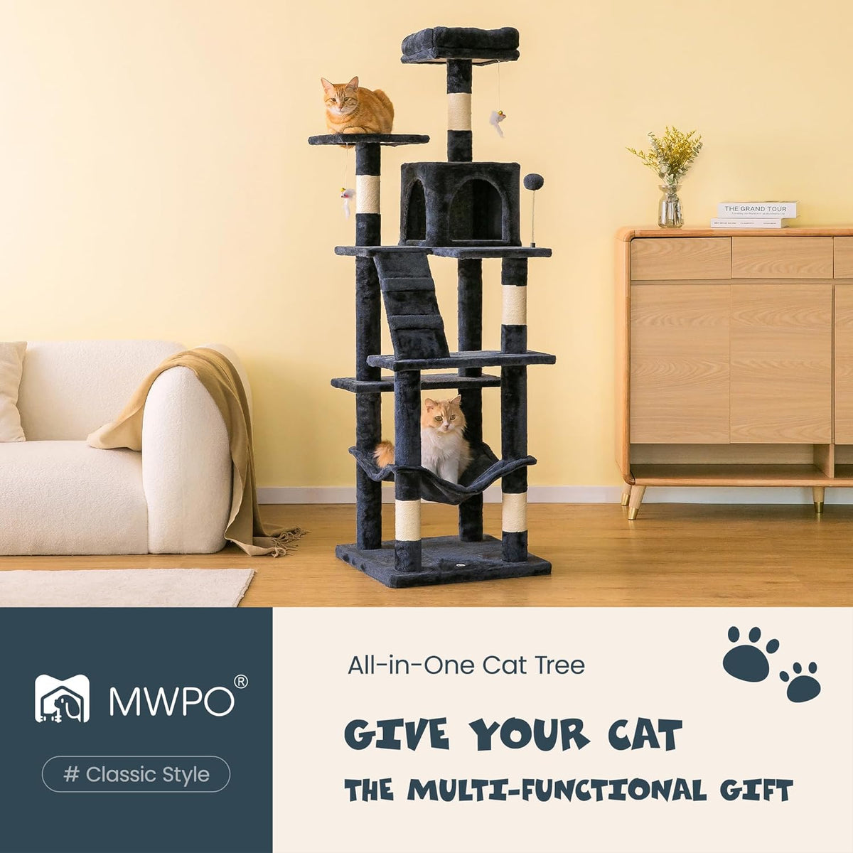 MWPO 63.8 inches Multi-Level Cat Tree for Large Cats with Sisal-Covered Scratching Posts, Padded