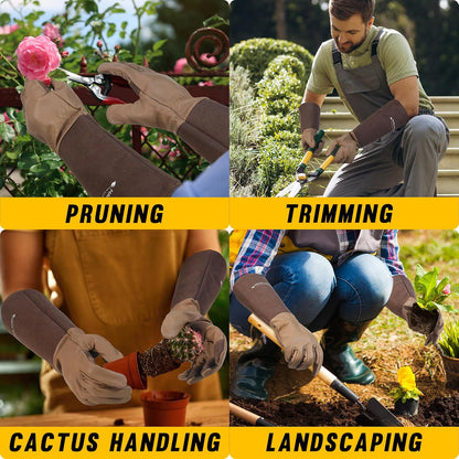 HANDLANDY Long Gardening Gloves for Men & Women, Cowhide Leather Rose Pruning Gloves- Breathable &