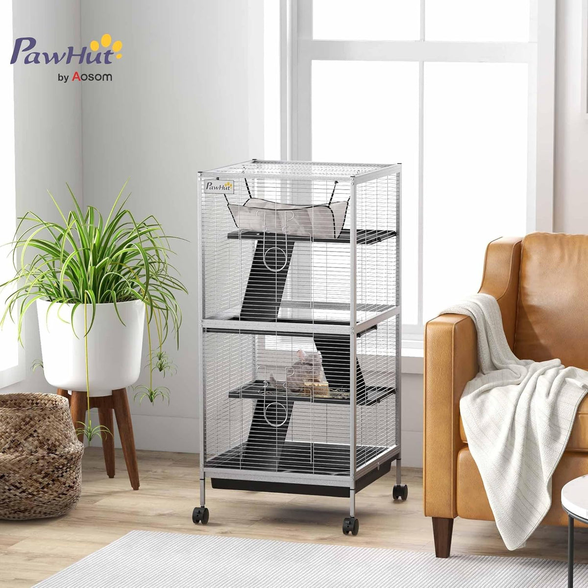 PawHut Metal Small Animal Cage, 4-Tiers Rolling Big Ferret Cage with Hammock, Removable Tray, for