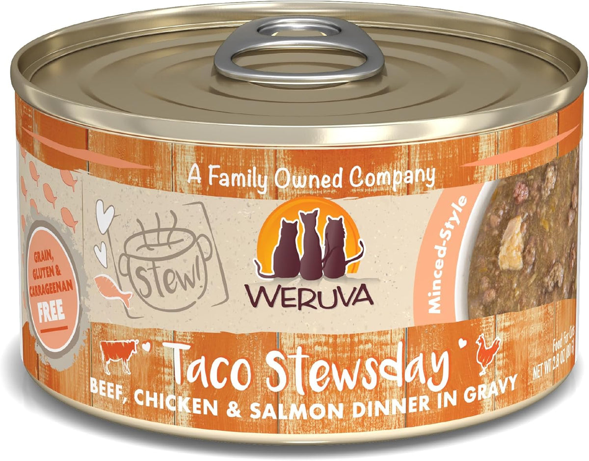 Weruva Classic Cat Stews!, Taco Stewsday with Beef, Chicken & Salmon in Gravy, 2.8oz Can (Pack of