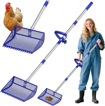 12 Inch Chicken Poop Scooper & Rake 2-in-1, Large Metal Shovel Head, Rubber Handle Stainless Steel