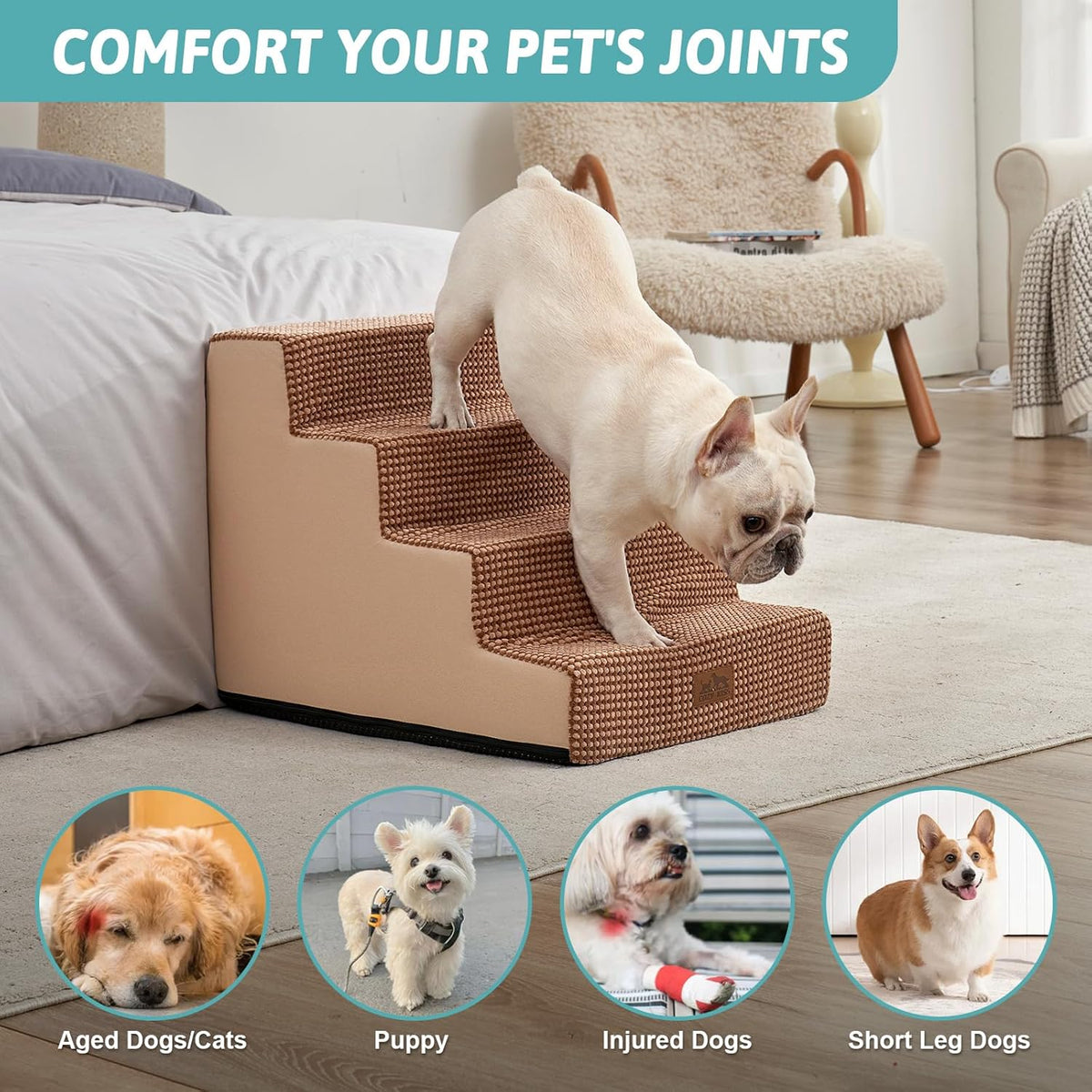 Dog Stairs for Small Dogs, 4 Tier Wider Pet Stairs for Couch and Beds, 17.7" H Non-Slip Dog Steps