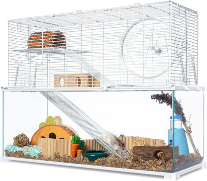 OIIBO 3 Tiers Large Hamster Cages, Glass Hamster Cage Habitat with Openable Wire Topper, Gerbil