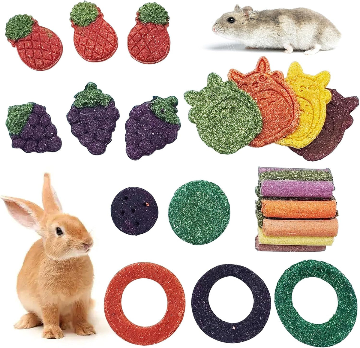 Fhiny 27 PCS Natural Bunny Chew Toys Molar Rabbit Toys Contain Timothy Grass Pumpkin Beets Purple
