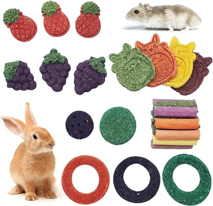 Fhiny 27 PCS Natural Bunny Chew Toys Molar Rabbit Toys Contain Timothy Grass Pumpkin Beets Purple
