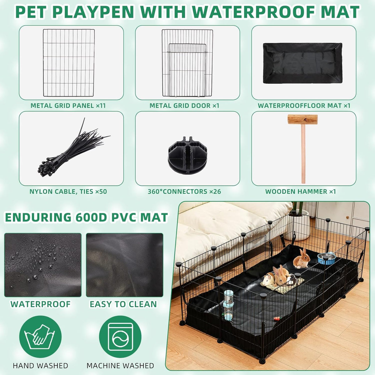 104 Pcs Rabbit Starter Kit Litter Box Bunny Tunnel Pet Playpen with Waterproof Mat Water Bottle