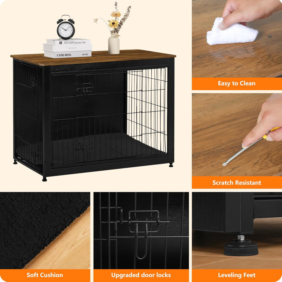 DWANTON Dog Crate Furniture with Cushion, Wooden Kennel Table with Double Doors, Indoor Dog House