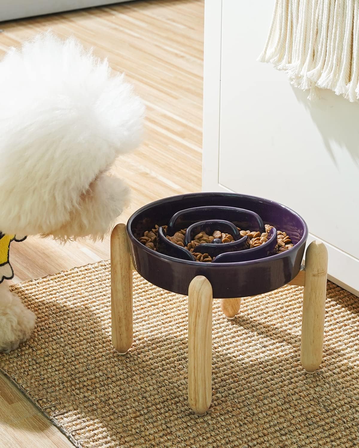 LE TAUCI Ceramic Slow Feeder Dog Bowls Elevated, 3 Cup Raised Bowl with Wooden Stand for Medium