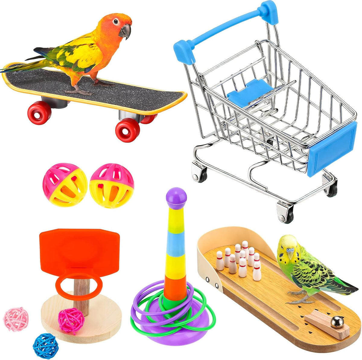 10 Bird Training Toys - Parrot Intelligence Toys for Parakeet, Cockatiel, Macaw - Includes Bowling