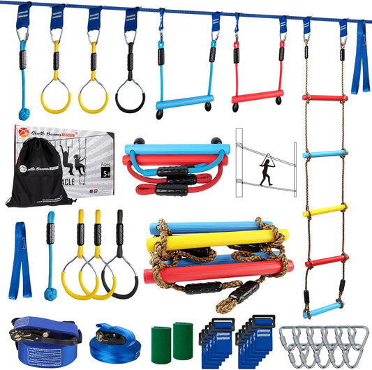 Ninja Warrior Obstacle Course for Kids, 2×56ft Slackline Kit with 8 Ninja Accessories - Monkey Bar