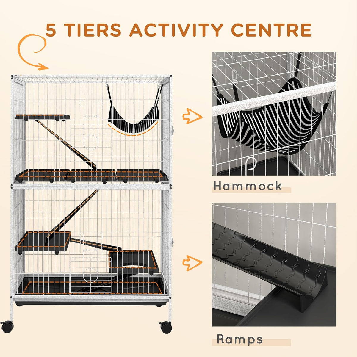 PawHut Metal Small Animal Cage, 5-Tiers Rolling Big Ferret Cage with Hammock, Removable Tray, for
