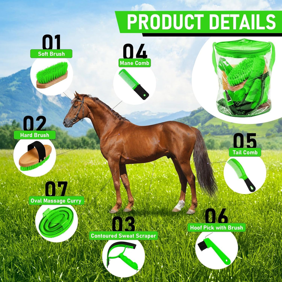9 Pieces Horse Grooming Kit Tack Room Supplies Set with Organizer Tote Bag, Oval Massage Curry