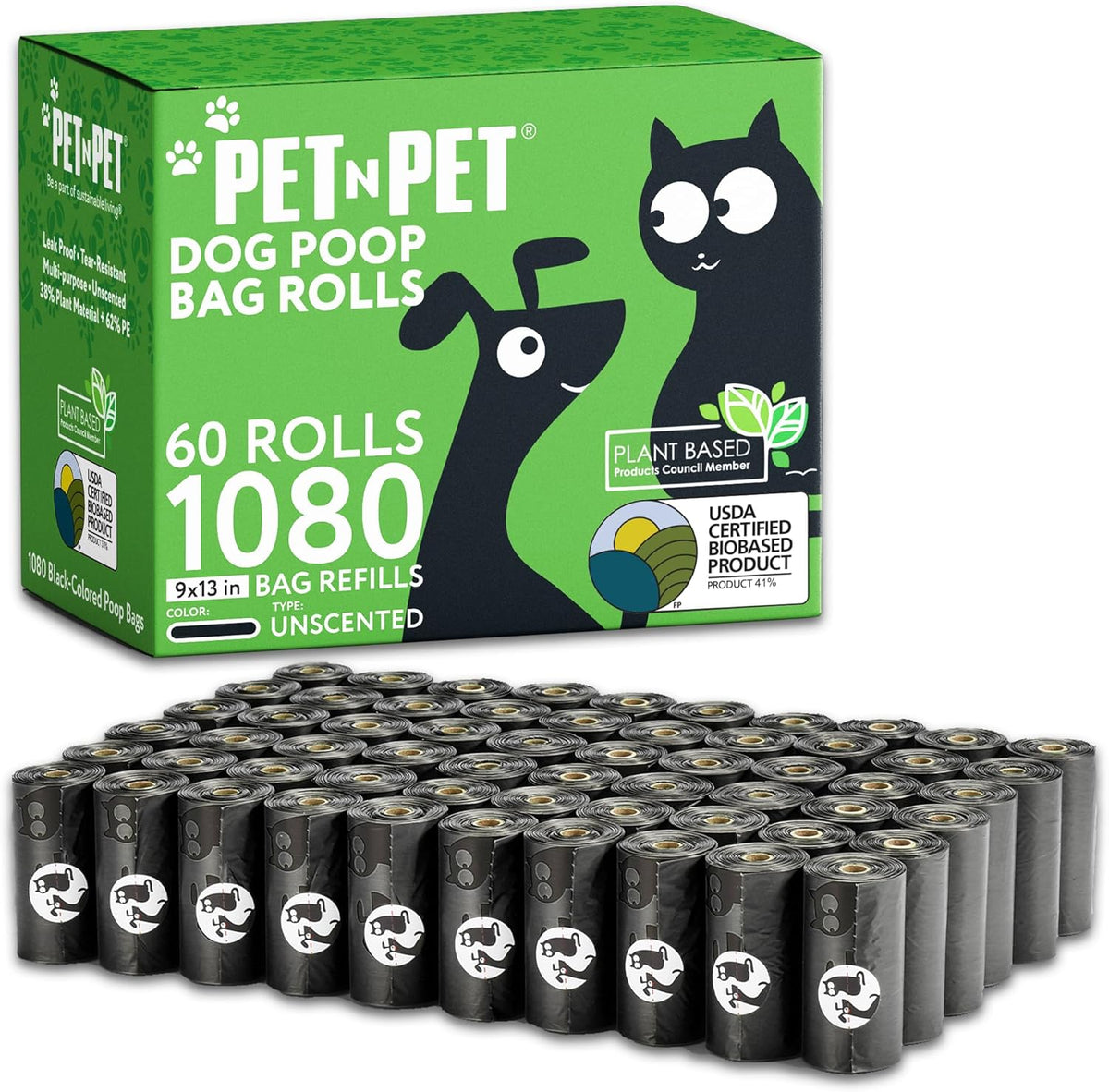 Pet N Pet 1080 Counts Black Poop Bags for Dogs, 41% Plant Based & 59% PE Extra Thick Dog Poop Bags