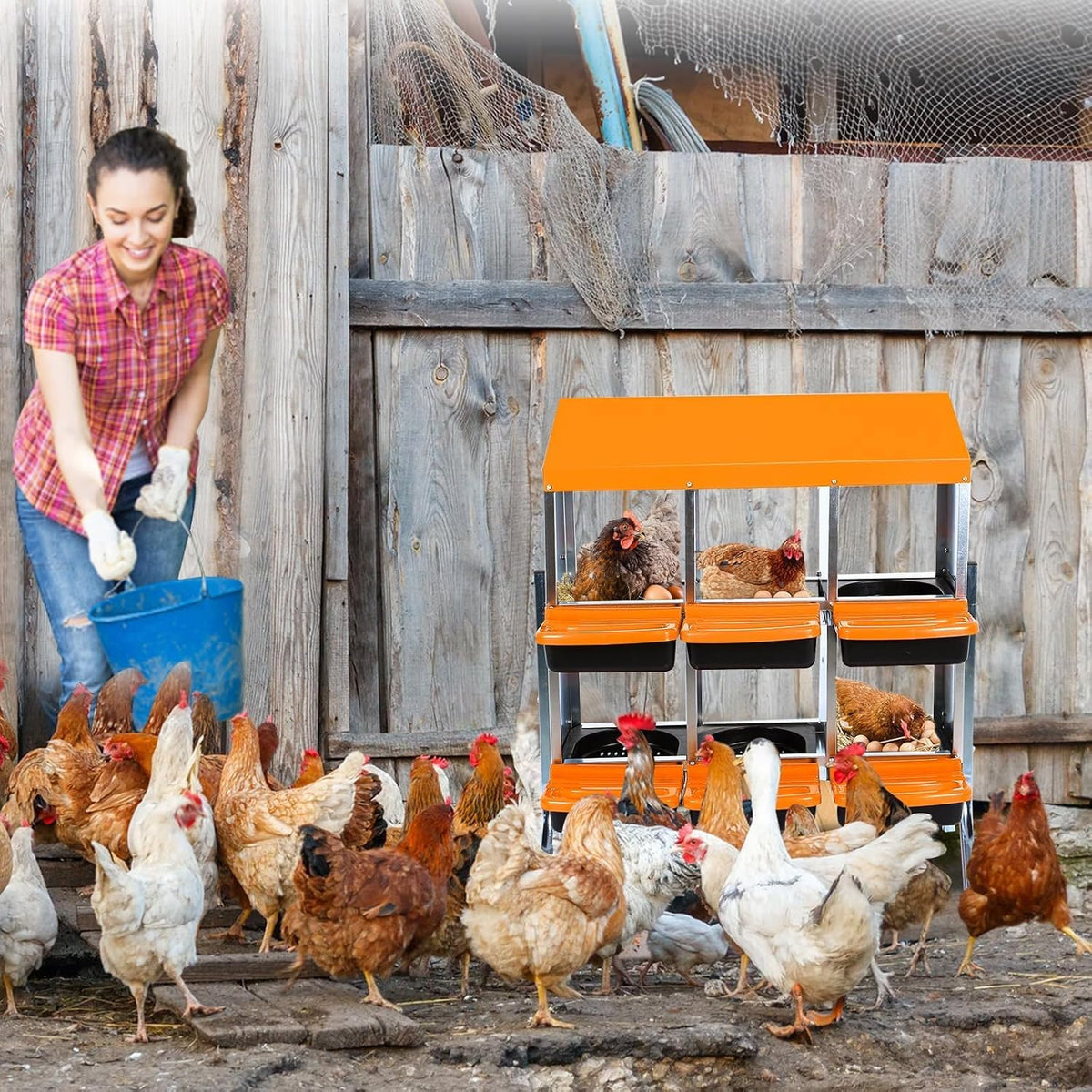 Chicken Nesting Boxes, 6 Hole Metal Chicken Laying Box with with Removable Trays and Roll Out Egg