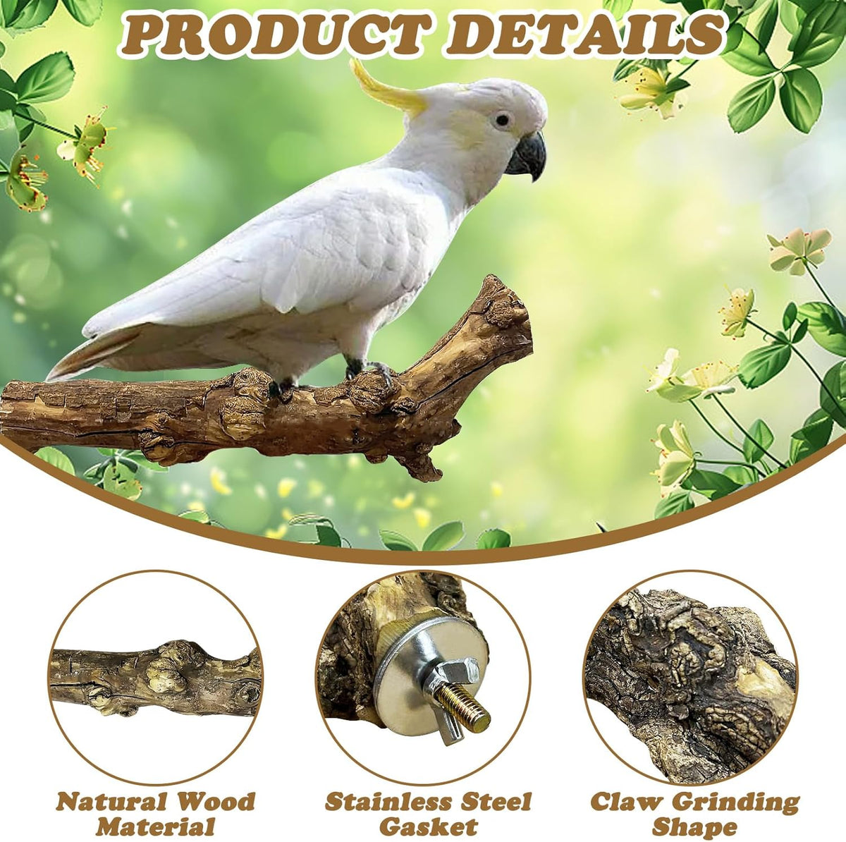 PINVNBY 3 Sizes Natural Bird Perches Wooden Parakeet Perches Bird Perches for Cage Parrot Chewing