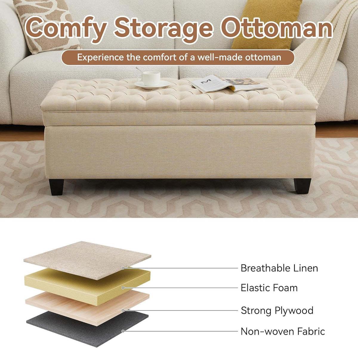 51" Fabric Storage Ottoman Bench, Upholstered Rectangle End of Bed Storage Ottoman Tufted Living