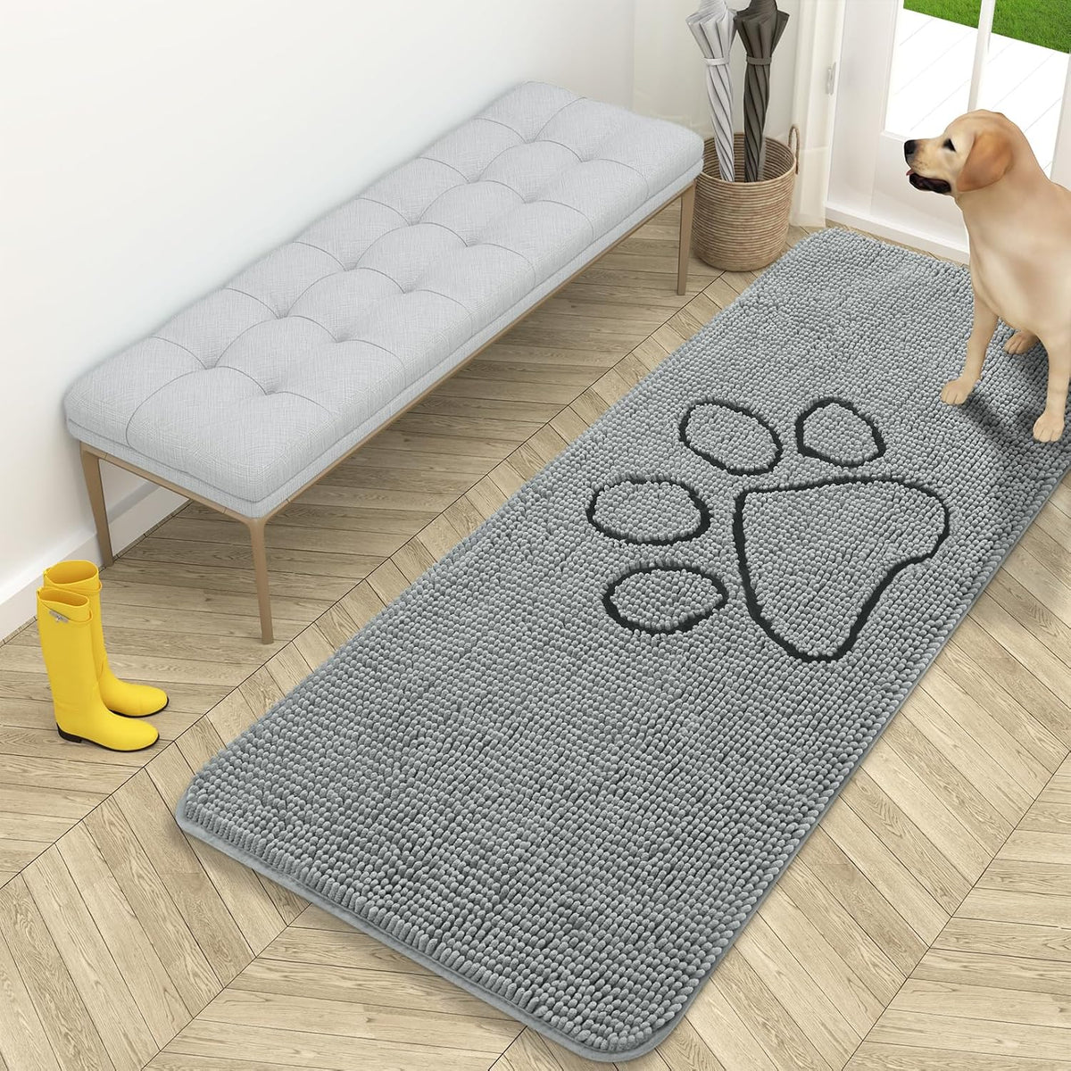 OLANLY Door Mat for Muddy Dog Paws 59x24, Ultra Absorbent Chenille Mud Doormat with Paw Print