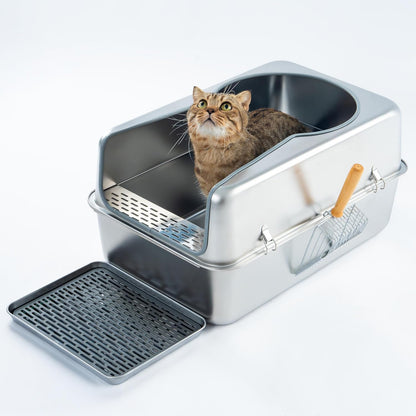 Cattasaurus 100% Stainless Steel Litter Box Enclosure for Large Cats 30+ lbs, Odor-Free & Easy to