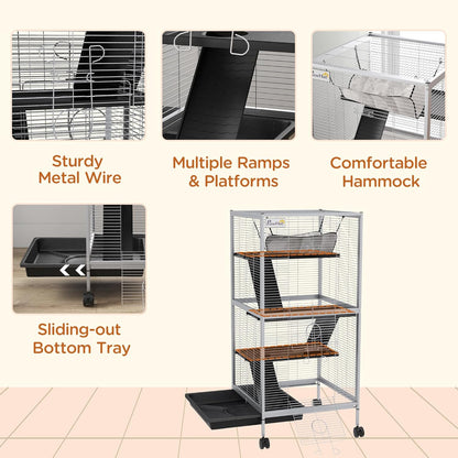 PawHut Metal Small Animal Cage, 4-Tiers Rolling Big Ferret Cage with Hammock, Removable Tray, for