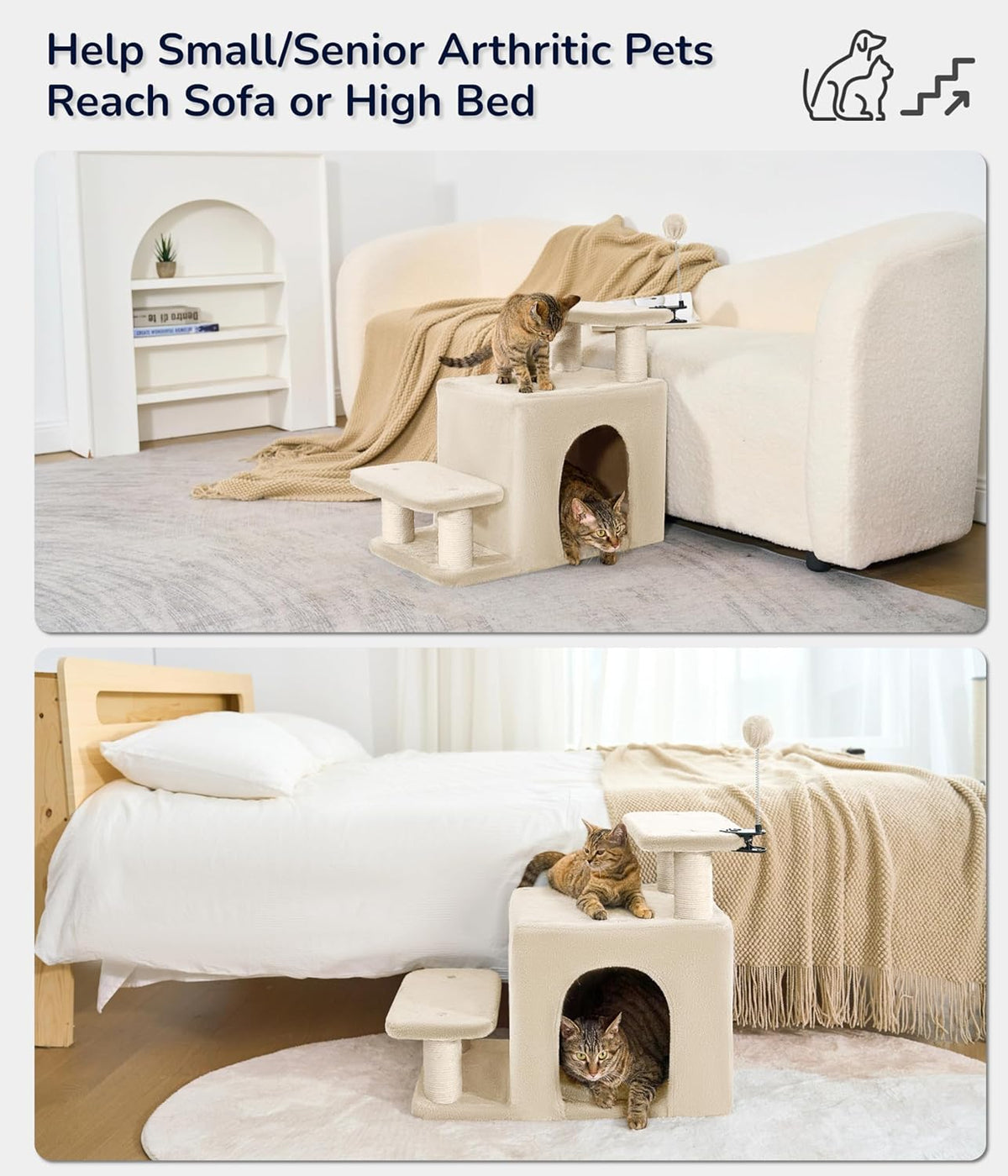 Happi N Pets Dog Stairs with Cat Scratching Post & Large Condo, Stable Pet Steps for High Beds