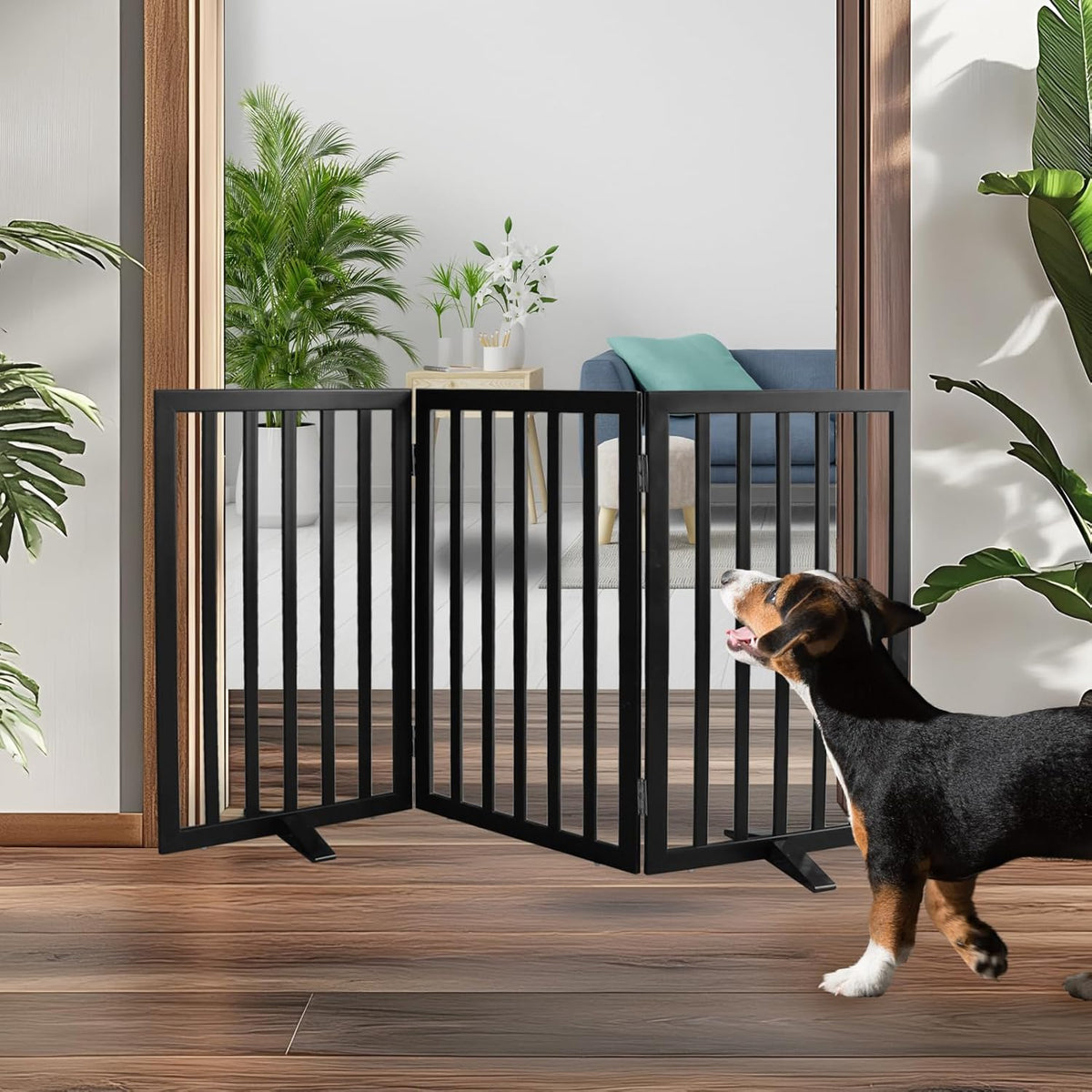 ZJSF Freestanding Indoor Dog Gate for House Foldable Wood Puppy Gate for Doorways Pet Gate for