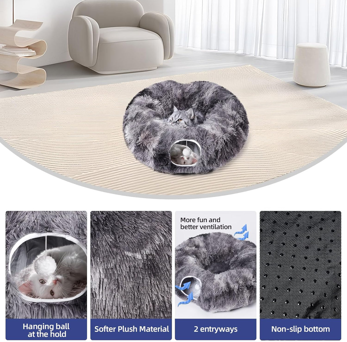 Odoland Cat Tunnels for Indoor Cats with Fluffy Plush Central Cat Couch and 20 Cat Toys, Tunnel Bed