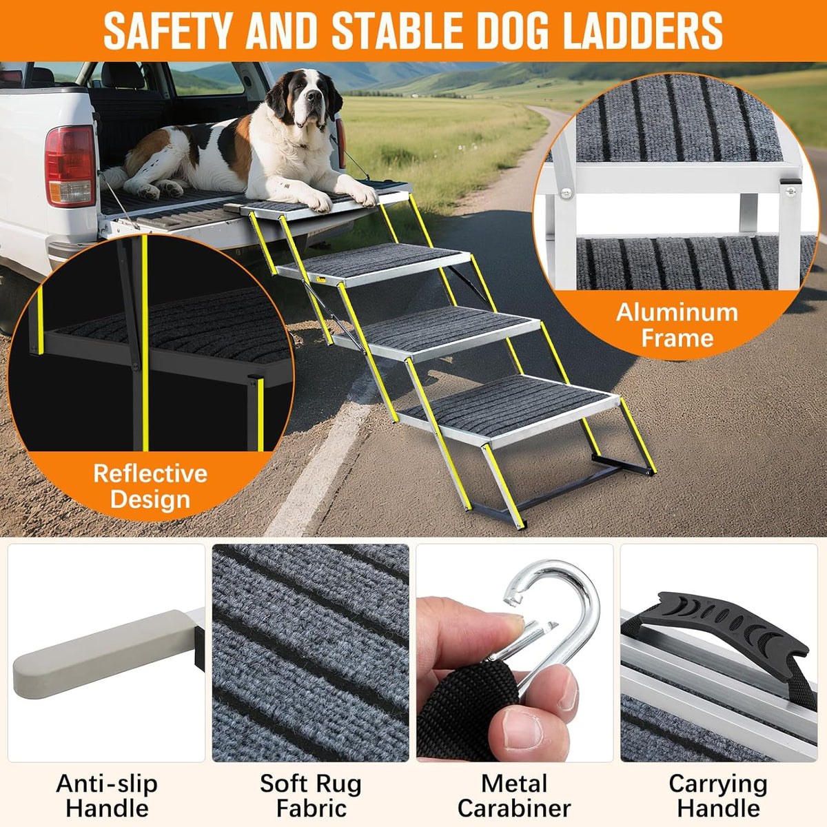 Reflective 20" Wide Dog Car Ramp, 4-Step Aluminum Stairs with Non-Slip Carpet - Foldable Design for