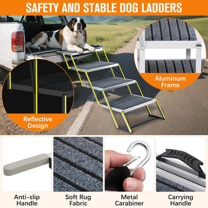 Reflective 20" Wide Dog Car Ramp, 4-Step Aluminum Stairs with Non-Slip Carpet - Foldable Design for