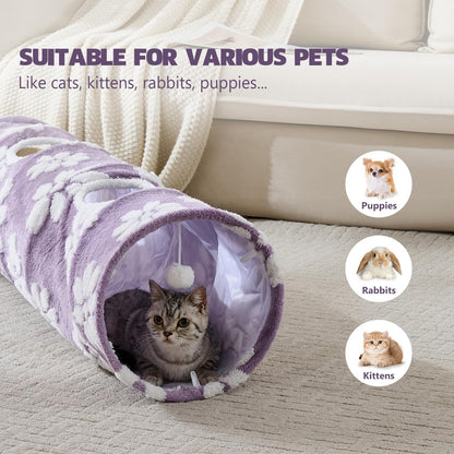 Straight Cat Tunnel for Indoor Cats 47"x12", Cute Cat Toys Collapsible Tunnel Tube with Balls for