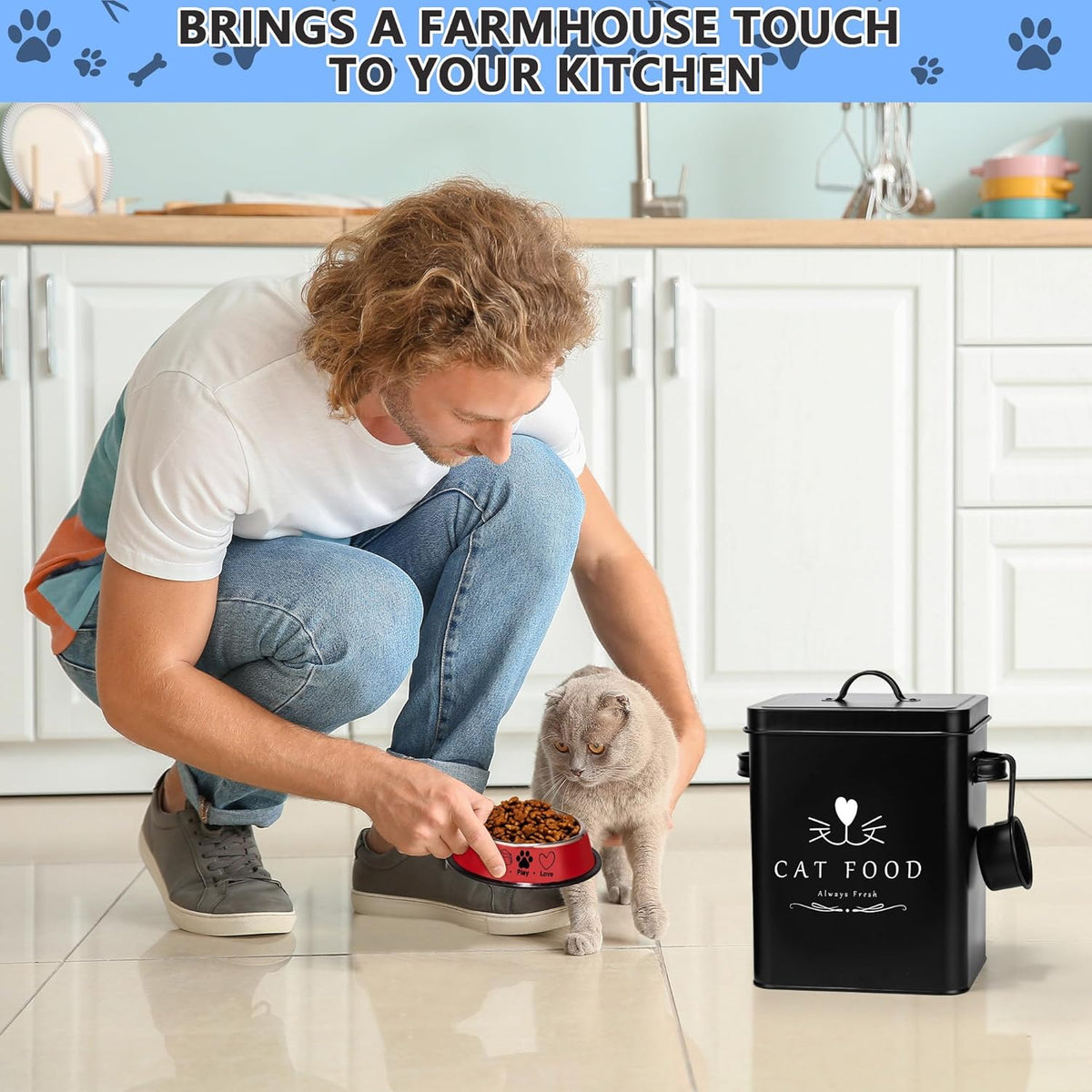 Meraki Home Farmhouse Cat Food and Treats Containers + Feed Scoop + Pet Food Bowl - Tight Lids