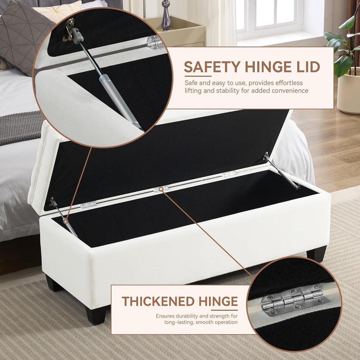 51" Fabric Storage Ottoman Bench, Upholstered Rectangle End of Bed Storage Ottoman Tufted Living