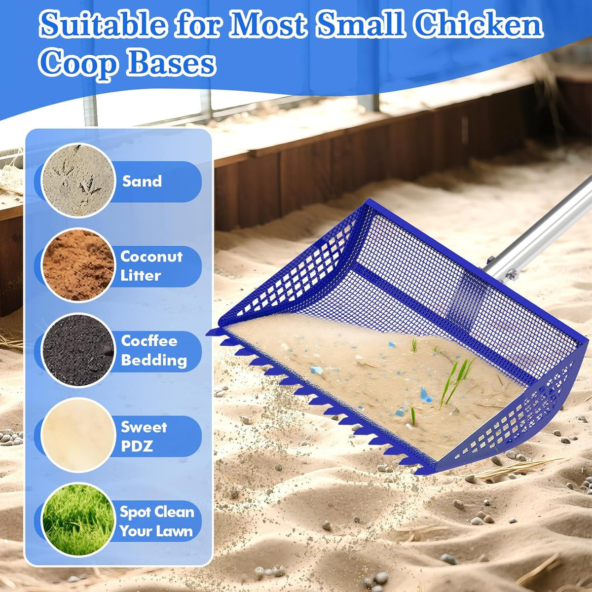 12 Inch Chicken Poop Scooper & Rake 2-in-1, Large Metal Shovel Head, Rubber Handle Stainless Steel