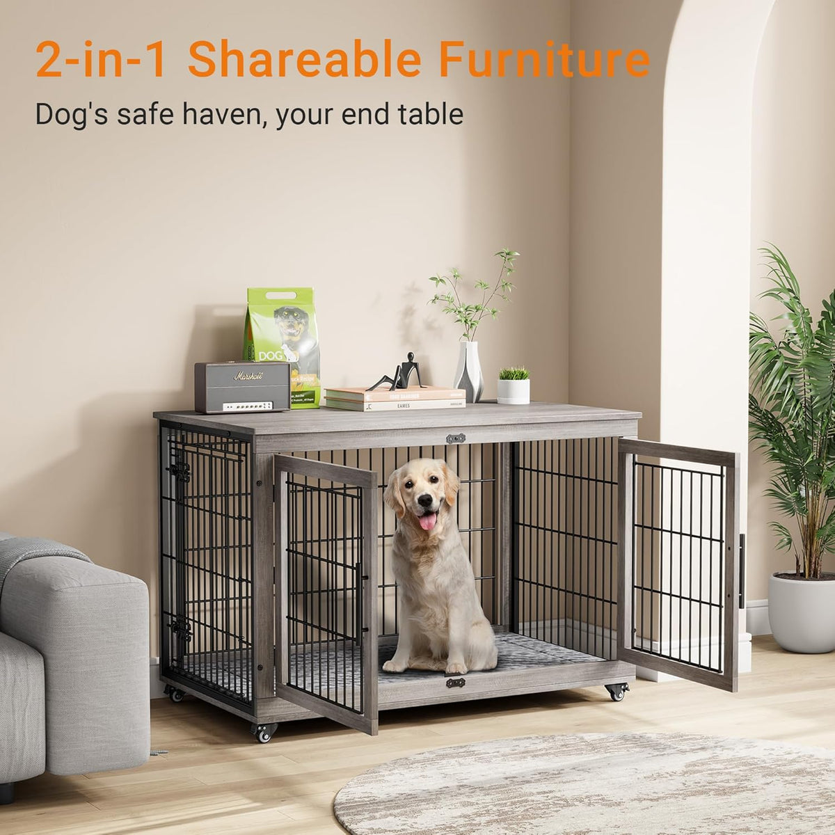 Lulive Dog Crate Furniture, XL Wooden Dog Kennel Indoor Double Doors Dog Cage, 44'' Heavy Duty Dog