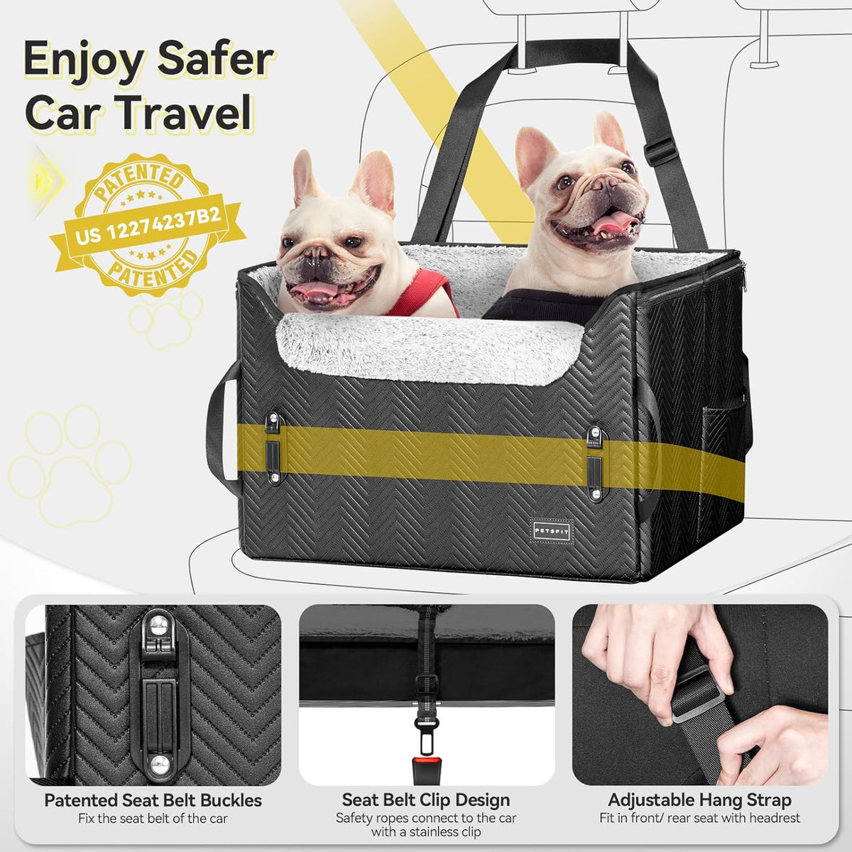 PETSFIT Dog Car Seat Medium Sized Dog, Waterproof PU Leather Dog Seat for Car with Patented Safe
