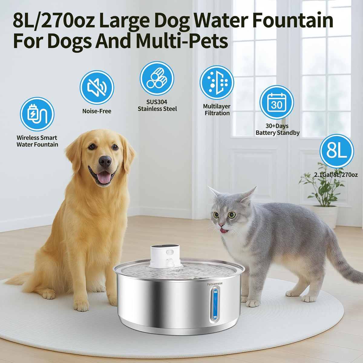 Wireless Dog Water Fountain, 2.1Gal/8L Battery Operated Stainless Steel Pet Water Fountain Motion