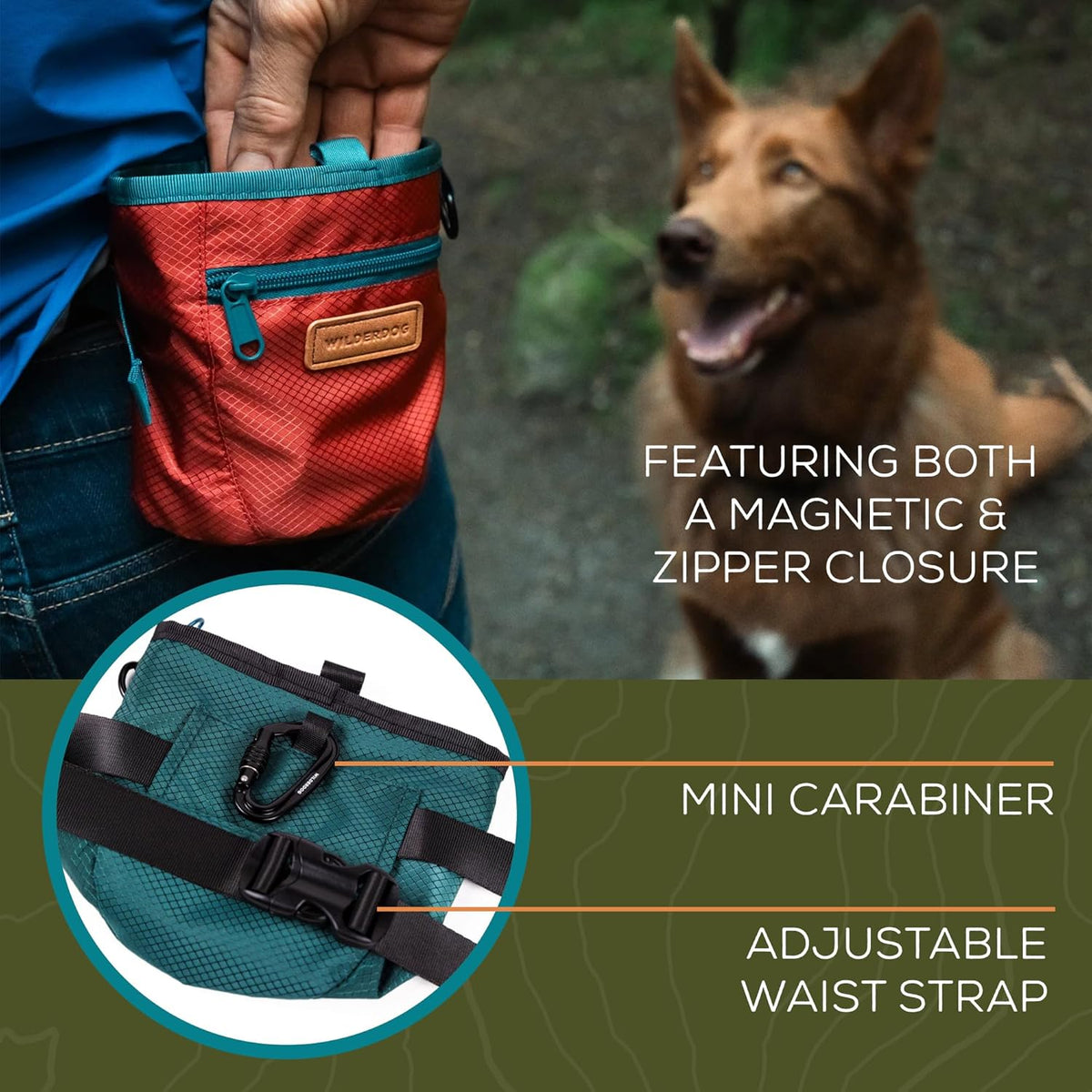Wilderdog Dog Training Treat Pouch with Magnetic and Zipper Closure, Carabiner Attached, Adjustable