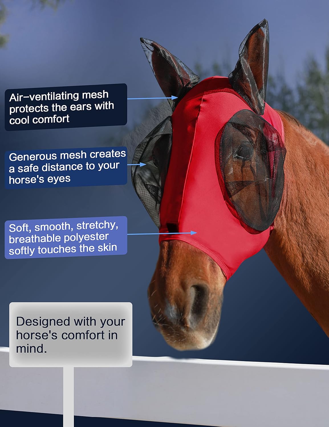 Horse Fly Mask with Ears, UV Protection Mask for Horses, Elasticity Mask with Big Mesh Eye Covers