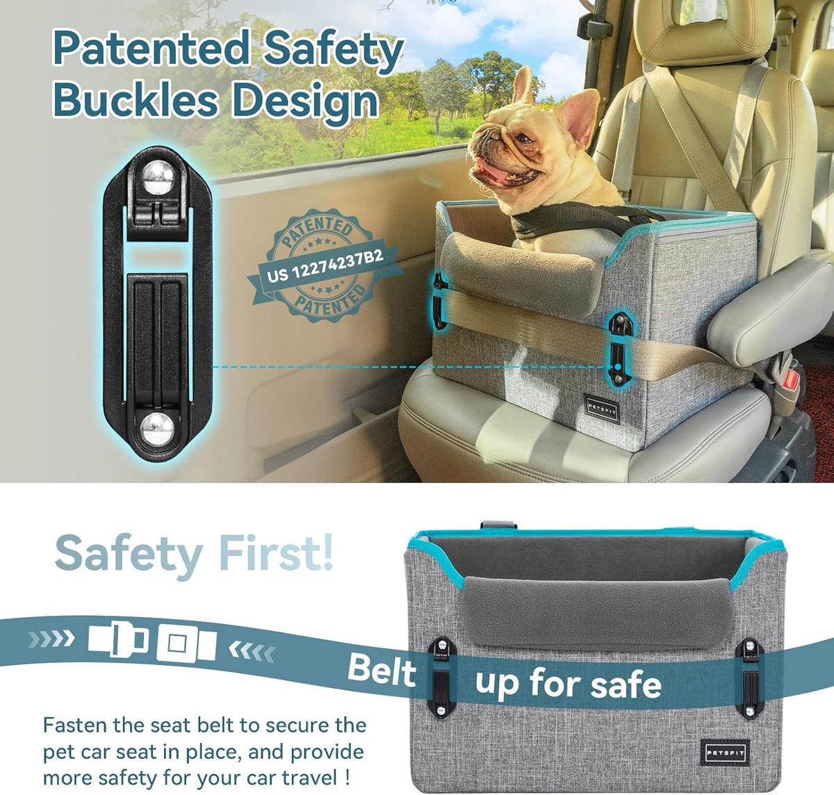 PETSFIT Dog Car Seats for Small Dogs, Patent Safety Buckles Dog Booster Car Seat, Dog Carseat with